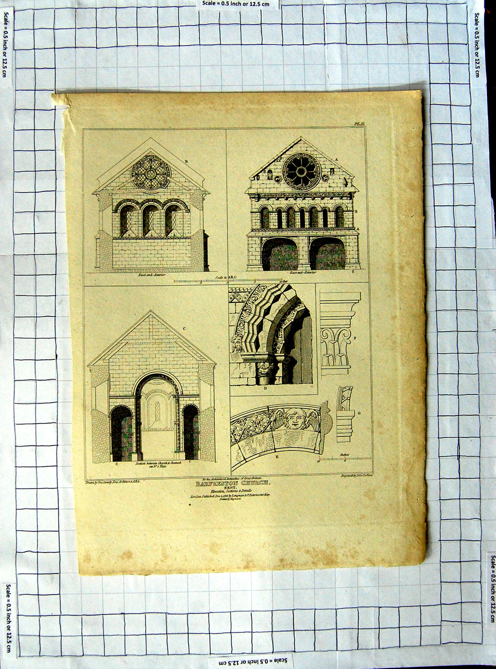 Antique Old Print Ref.371 1812 Barfreston Church Kent Gandy Keux Architecture