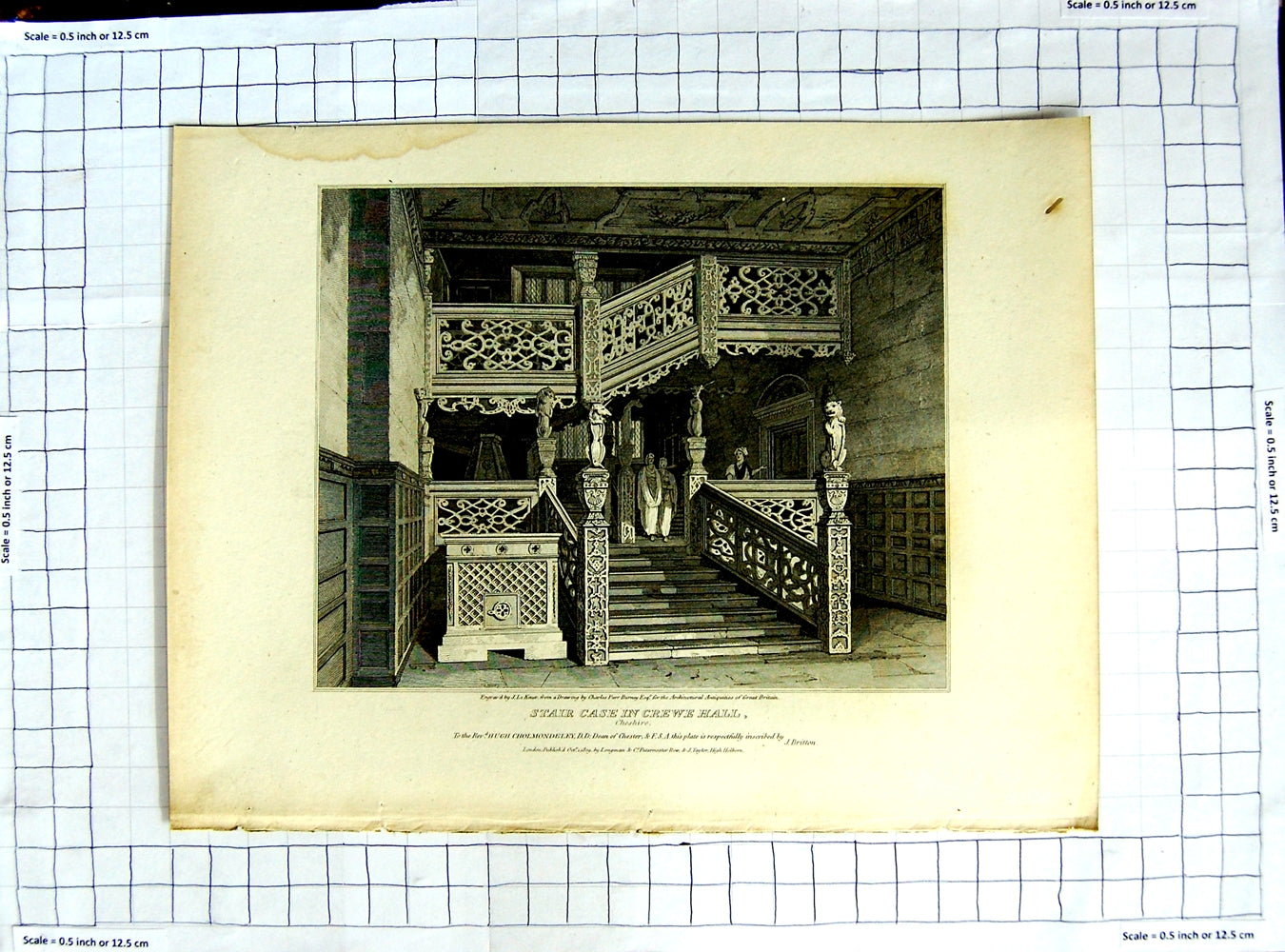 Old Antique Print 1809 Stair Case Crewe Hall Cheshire Keux Burney Britton 19th