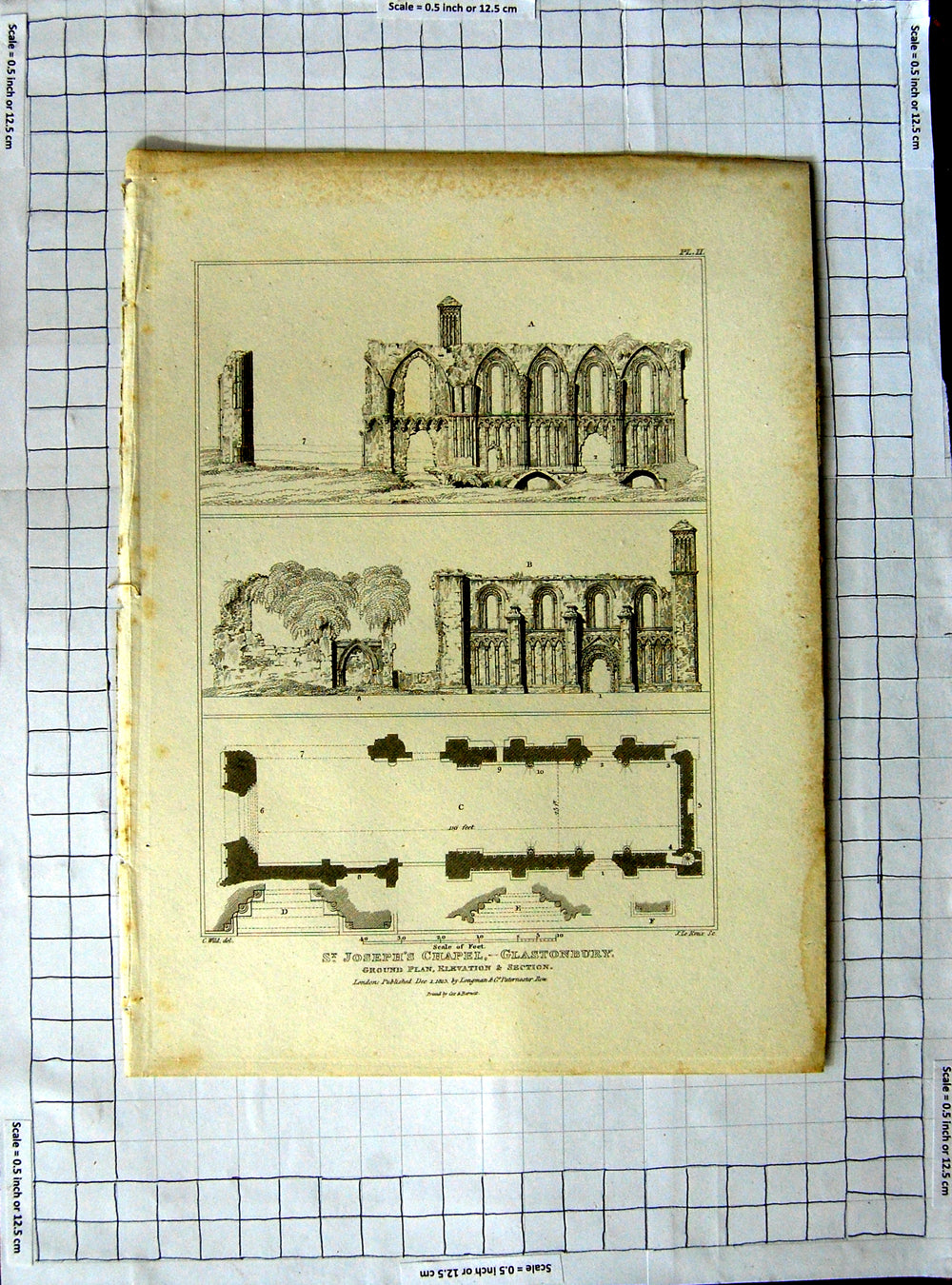 Original Old Antique Print 1813 Ground Plan Joseph Chapel Glastonbury Wild Keux