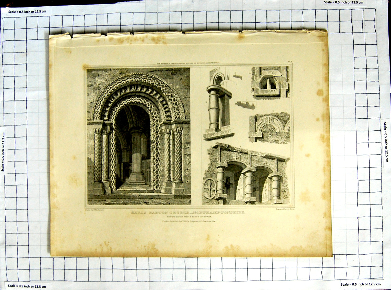 Original Old Antique Print 1818 Earls Barton Church Door Tower Mackenzie Keux