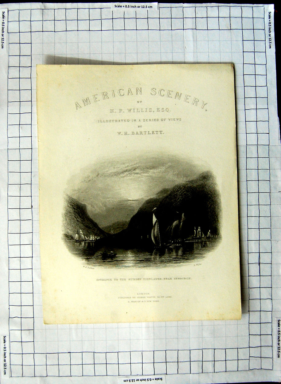 Original Old Antique Print View Entrance Hudson Highlands Near Newburgh Yachts
