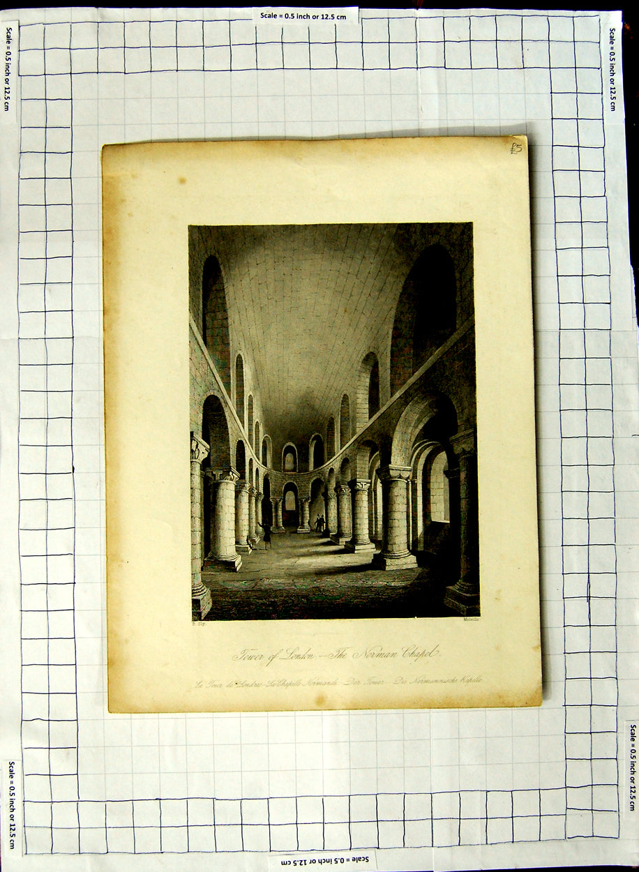 Original Old Antique Print Interior Tower London Norman Chapel Sly Melville
