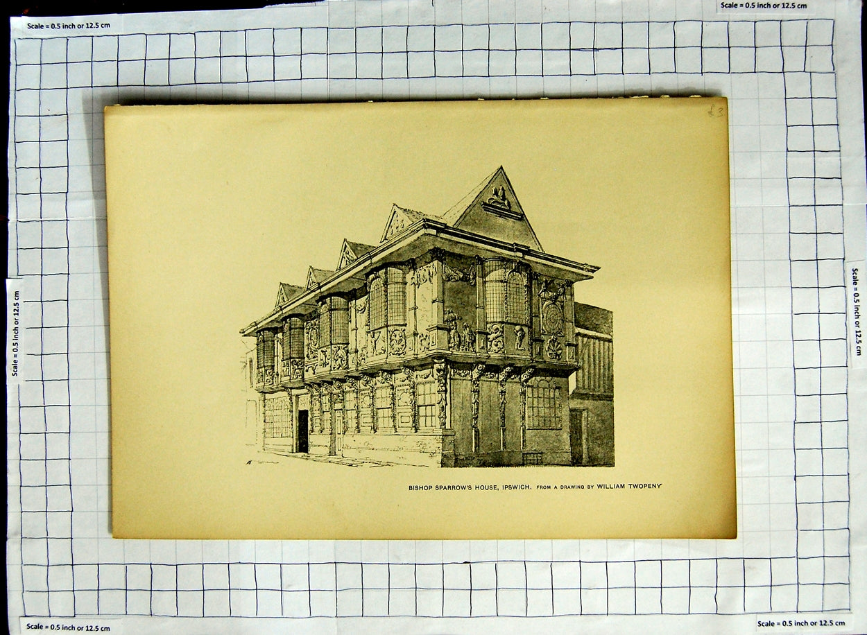 Old Antique Print Bishop Sparrows House Ipswich William Twopeny Drawing