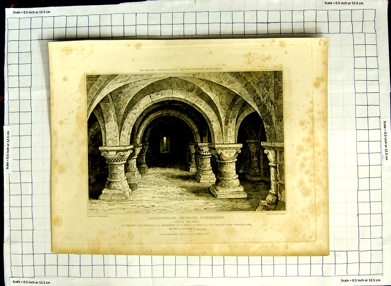 Old Antique Print 1818 Lastingham Church Yorkshire Crypt Cattermole Rawle 19th