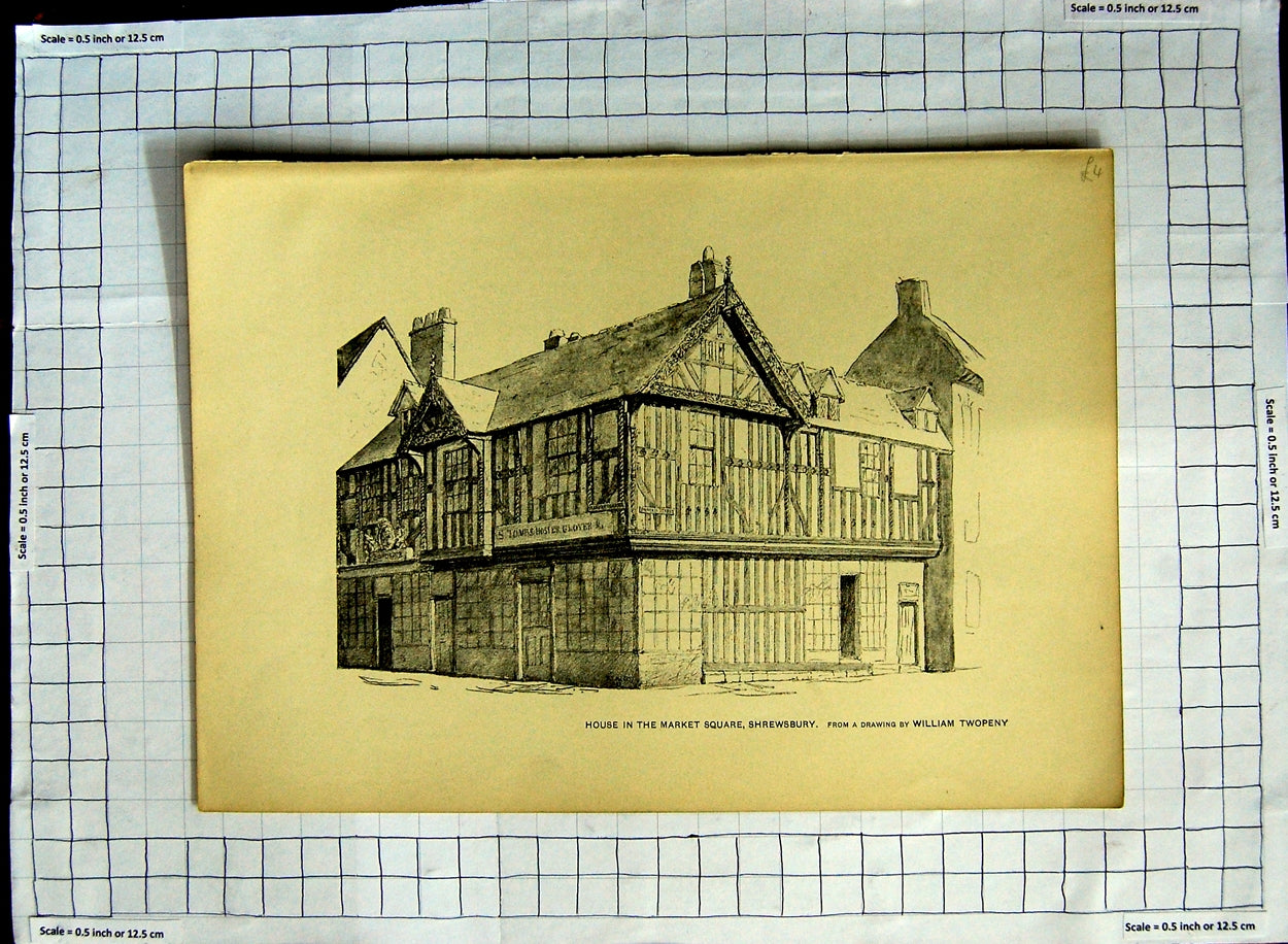 Old Antique Print House Market Square Shrewsbury William Twopeny Drawing