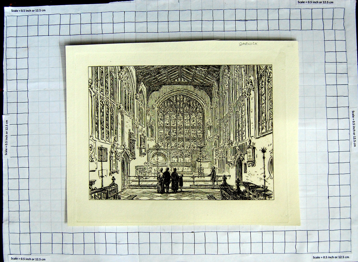 Original Old Antique Print Architecture Interior Warwick St Mary'S Church