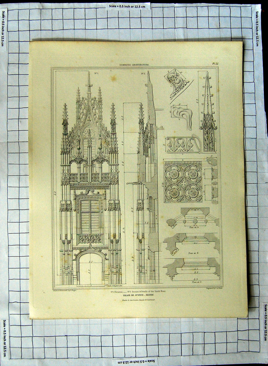 Old Print Ref.373 Architecture Palais De Justice Rouen France Pugin Keux