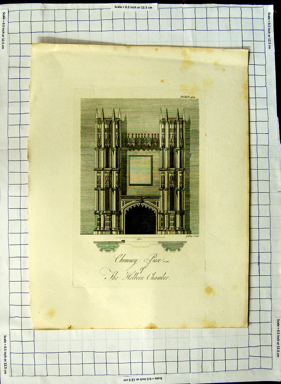 Original Old Antique Print Architecture Chimney Piece Holbein Chamber