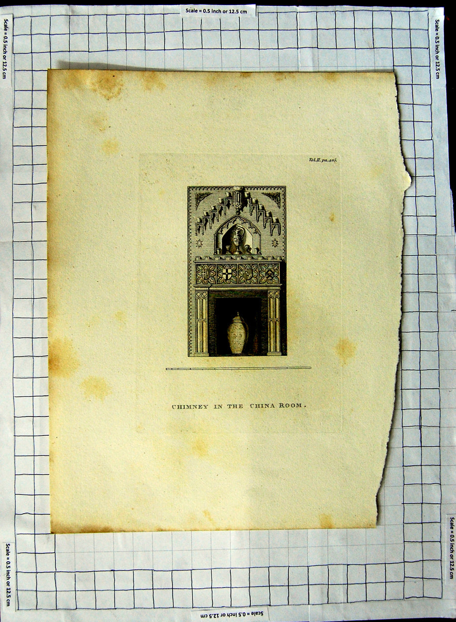 Original Old Antique Print Architecture Chimney China Room