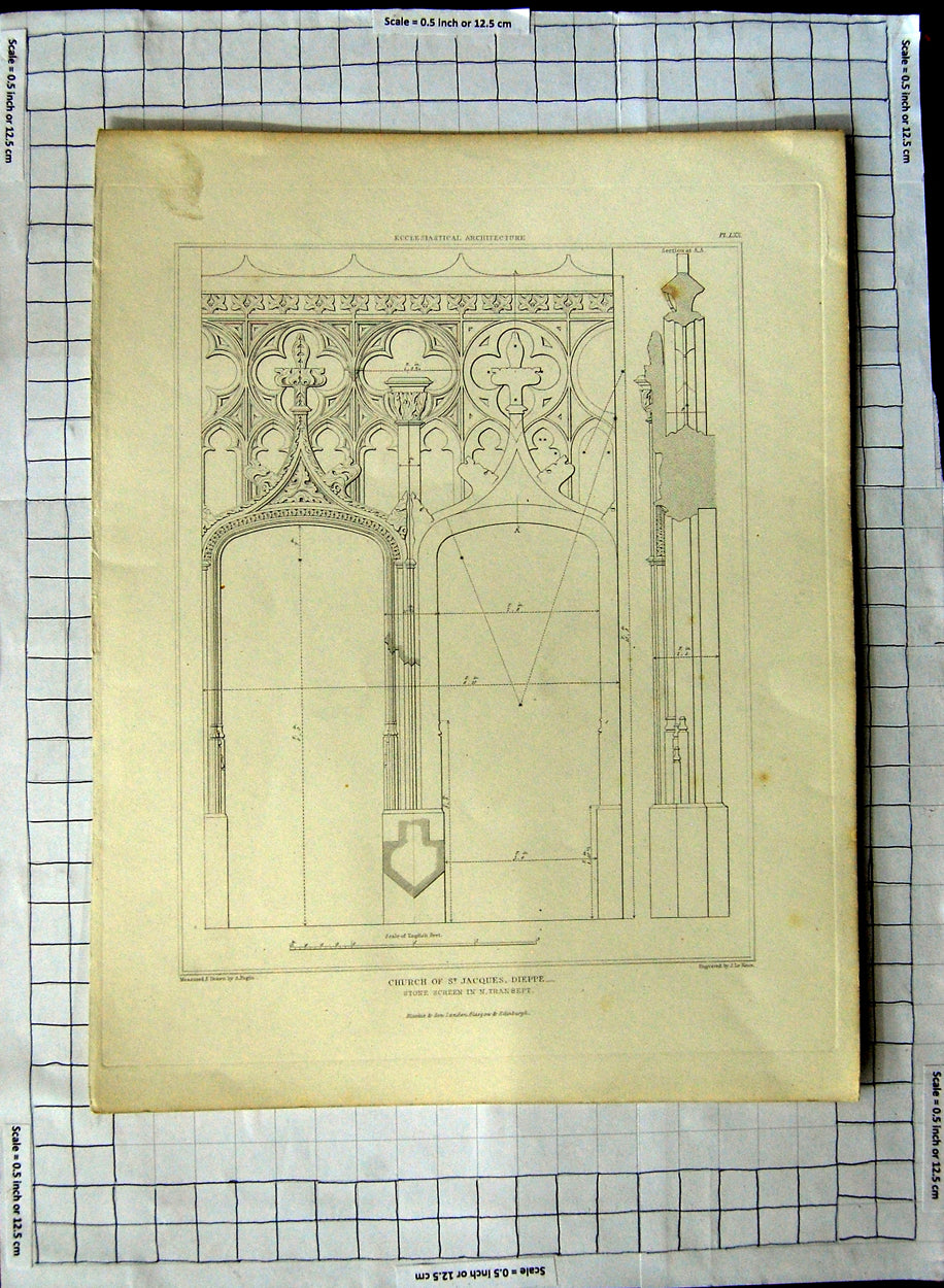 Original Old Antique Print Architecture Church Jaques Dieppe France Pugin Keux