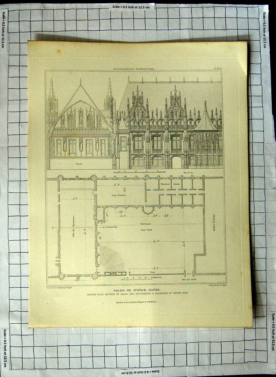 Old Antique Print Architecture Plan Salle Palais Justice Rouen Pugin Keux