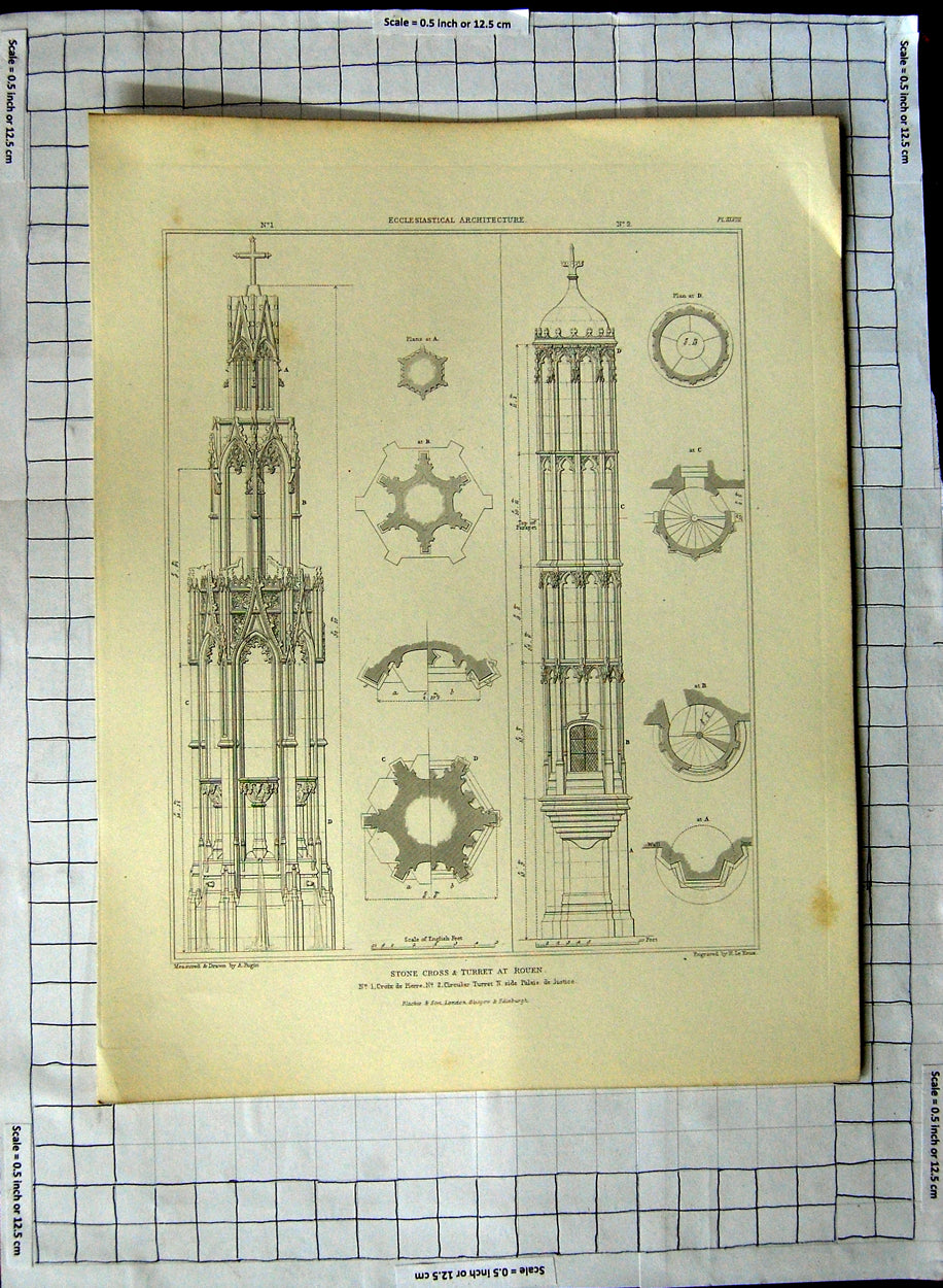 Old Antique Print Architecture Stone Cross Turret Rouen France Pugin Keux