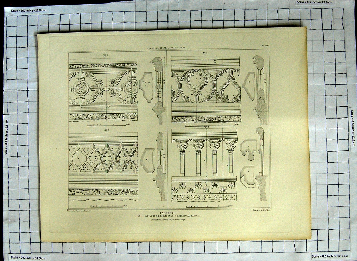 Old Antique Print Architecture Parapets John'S Church Bayeux Pugin Keux