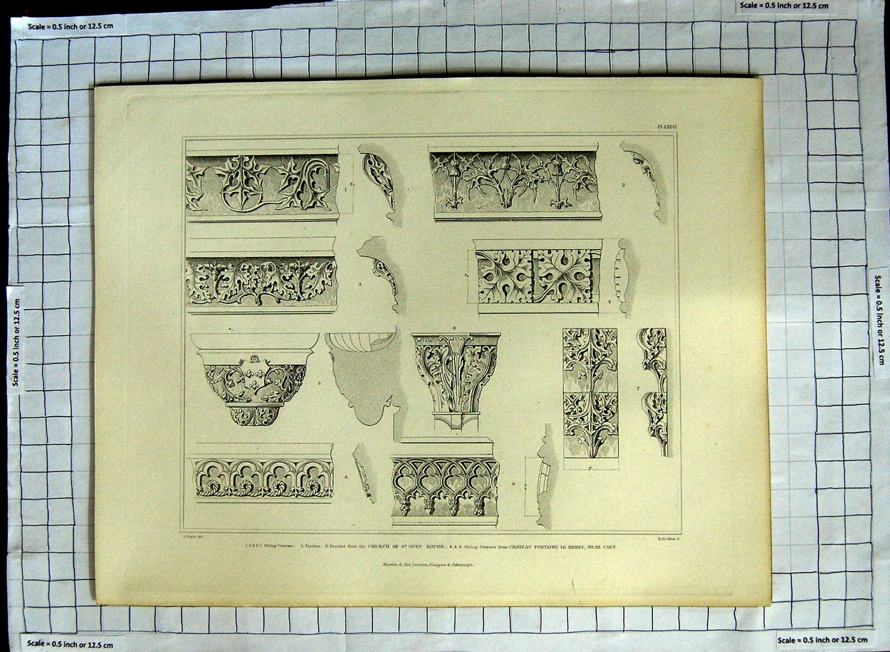 Original Old Antique Print Architecture Church St. Rouen Chateau Fontaine Caen