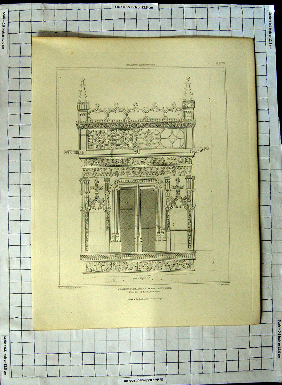 Original Old Antique Print Architecture Chateau Fontaine Le Henri Caen France