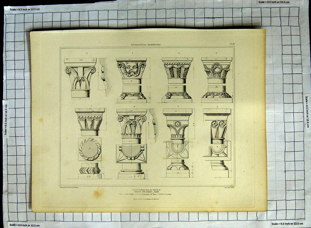 Old Antique Print Capitals Church Abbaye Aux Dames Caen France Pugin Keux