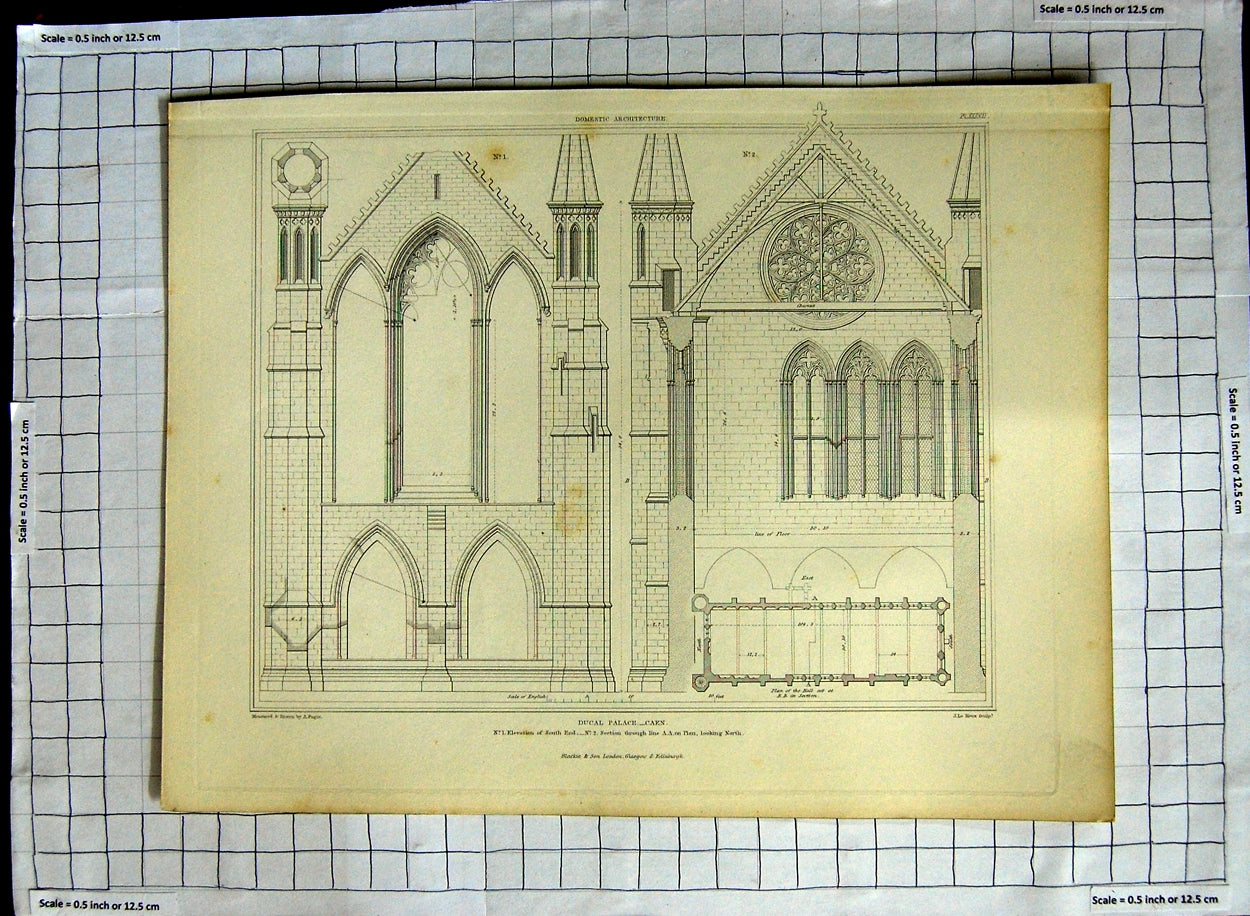 Original Old Antique Print Architecture Ducal Palace Caen France Pugin Keux