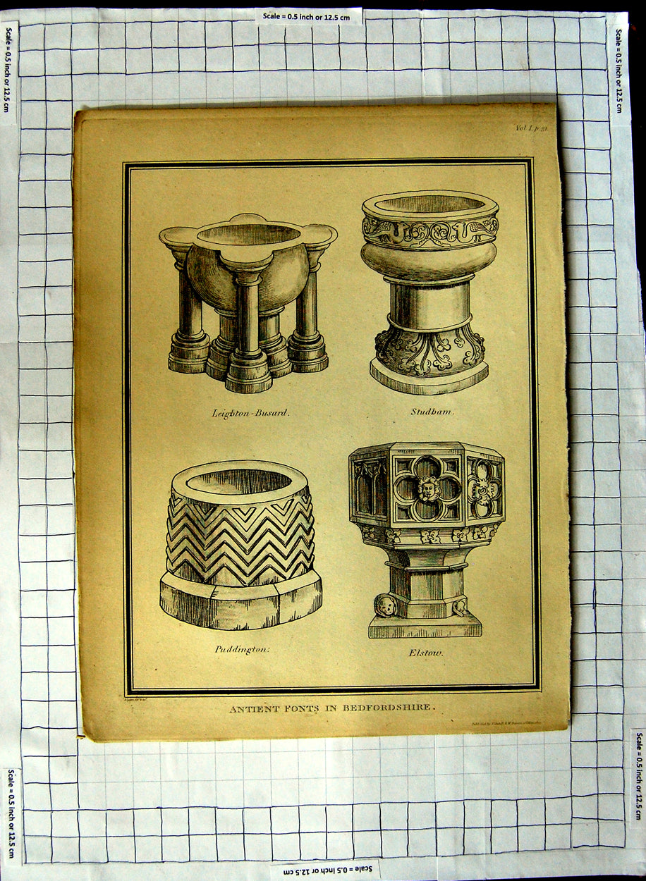Original Old Antique Print Ancient Fonts Bedfordshire Leighton Studbam Elstow