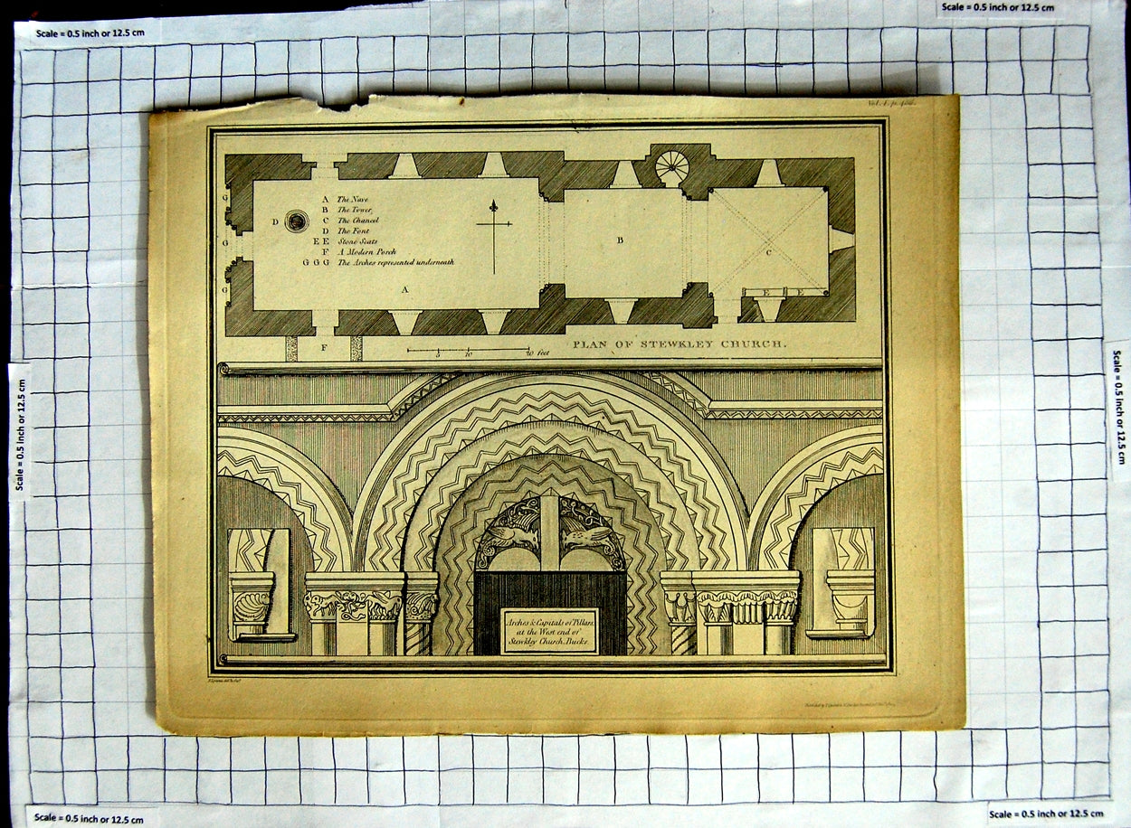 Original Old Antique Print Plan Stewkley Church Bucks Arches Capitals Pillars