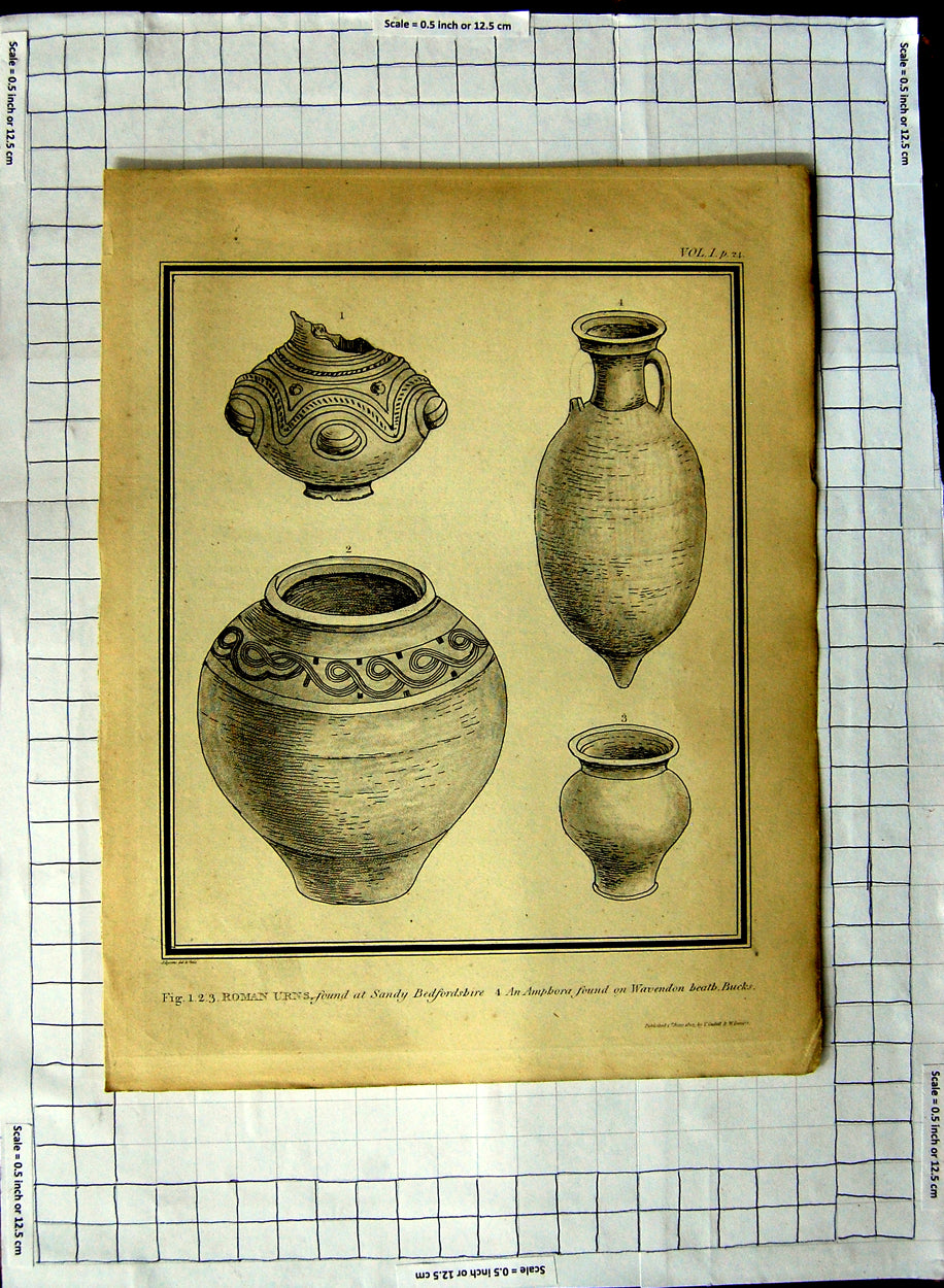 Original Old Antique Print Roman Urns Sandy Bedfordshire Amphora Wavendon Bucks