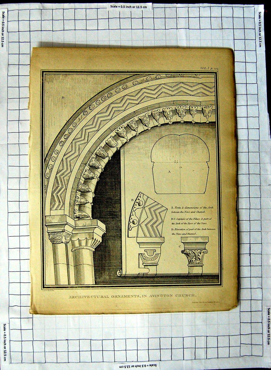 Original Old Antique Print Architecture Ornaments Avington Church Capitals