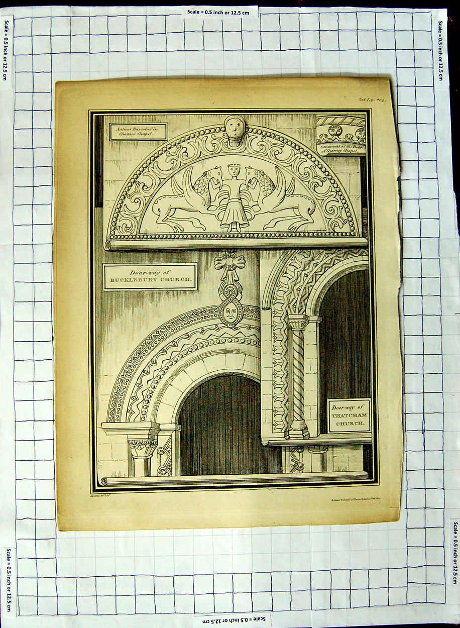 Original Old Antique Print Door Bucklebury Church Thatcham Charney Chapel