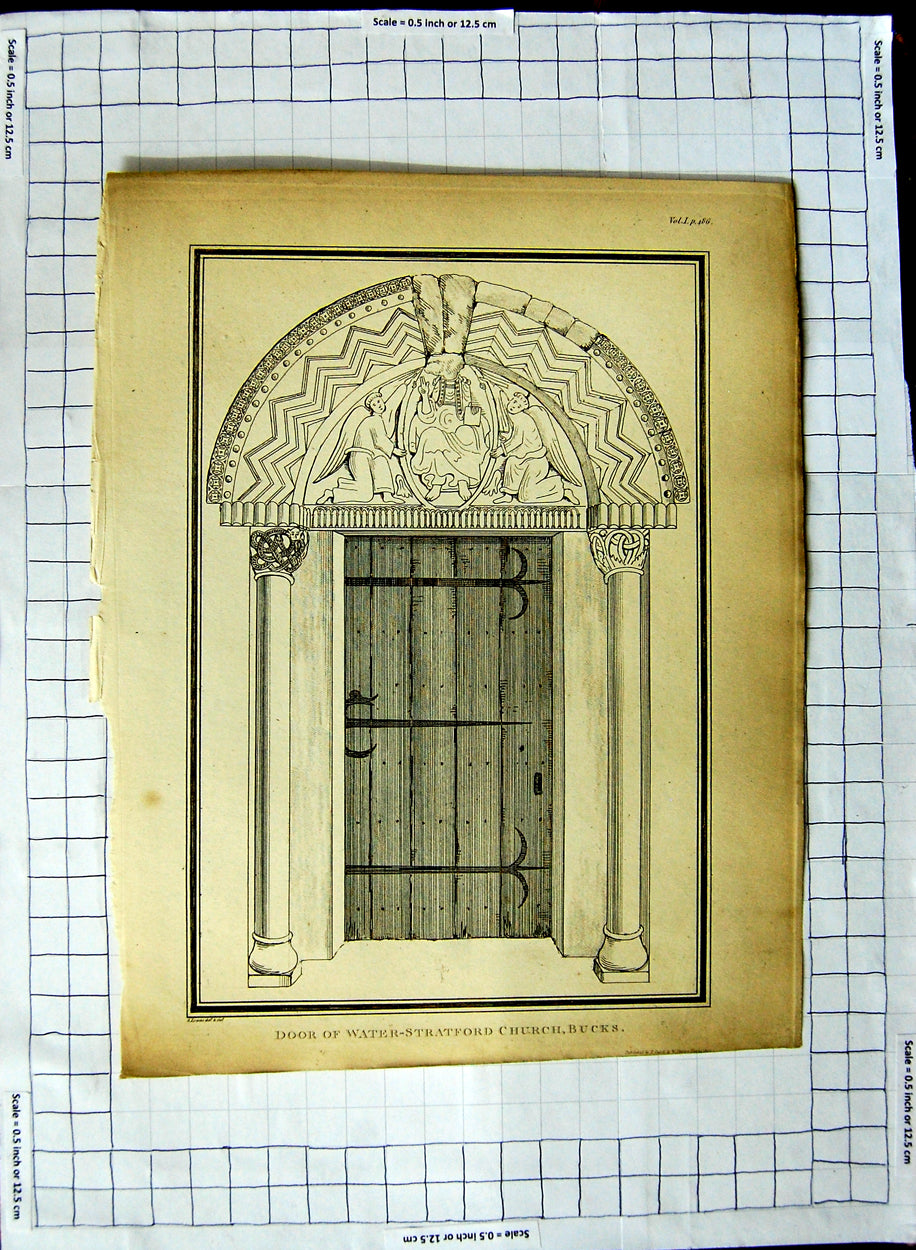 Original Old Antique Print Door Water Stratford Church Buckinghamshire