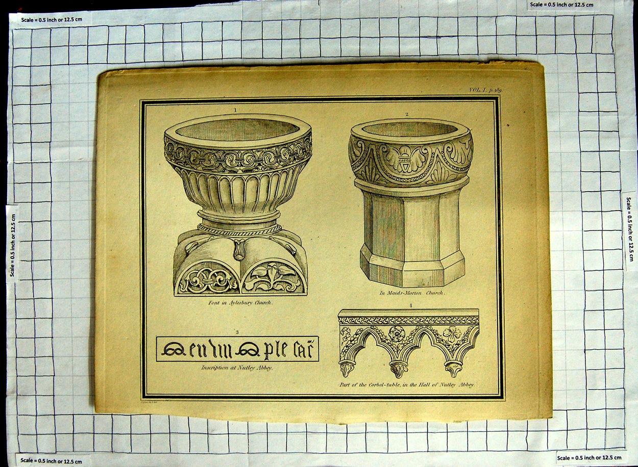 Old Antique Print Aylesbury Church Maids-Morton Nutley Abbey Architecture