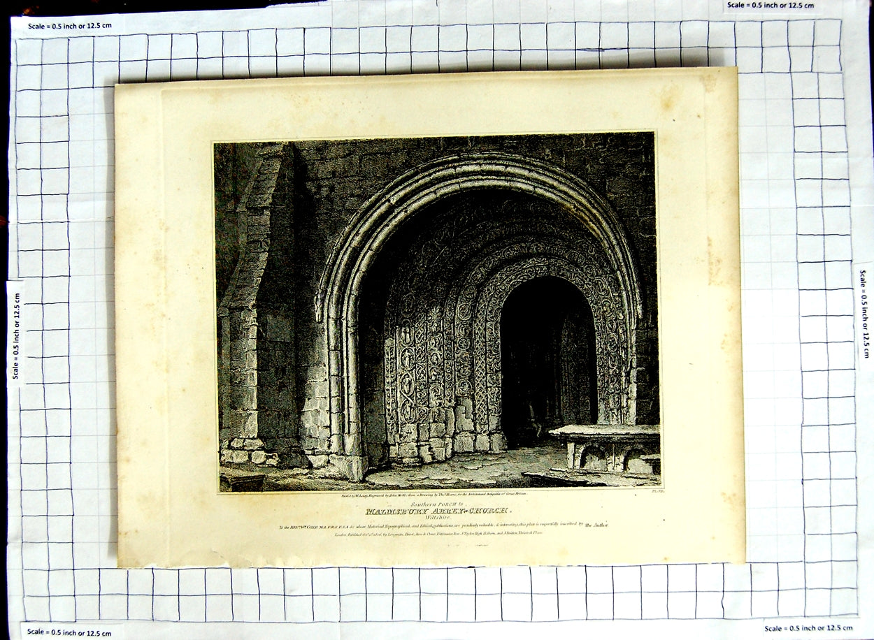 Original Old Antique Print 1806 Malmsbury Abbey Church Wiltshire Lowry Roffe