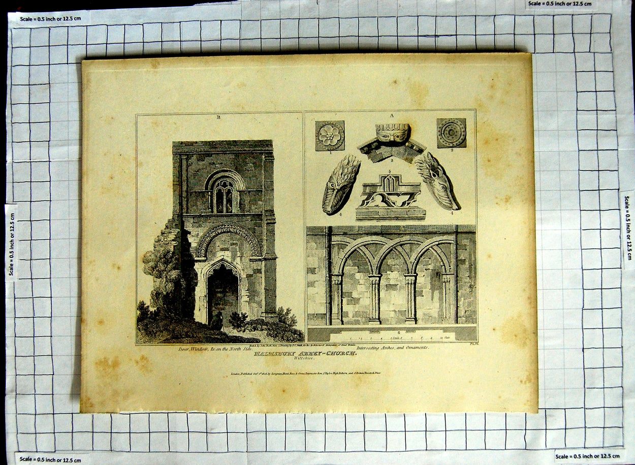 Antique Old Print Ref.374 1806 Malmsbury Abbey Church Wiltshire Roffe Smith