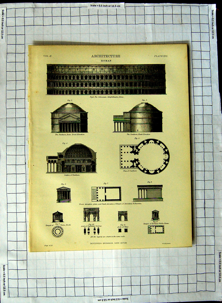 Original Old Antique Print Encyclopaedia Britannica Roman Architecture Tivoli