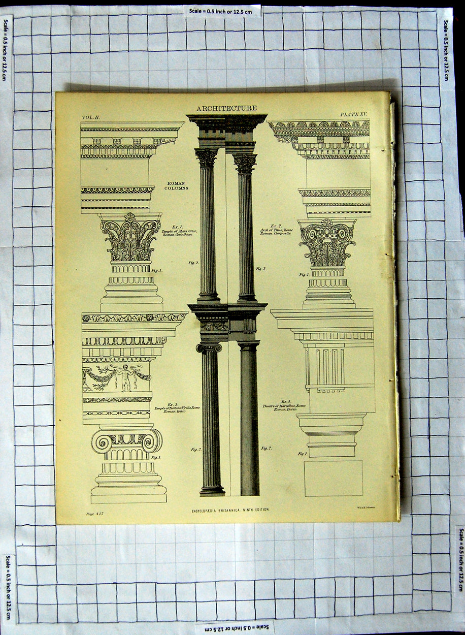 Antique Old Print Ref.376 Architecture Encyclopaedia Britannica Roman Columns