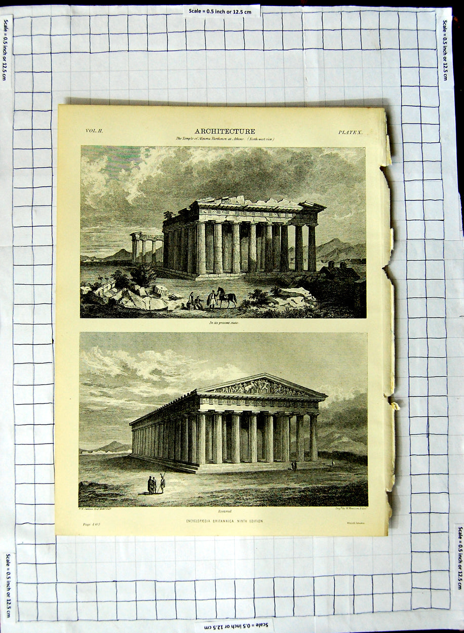 Original Old Antique Print Architecture Temple Minerva Encyclopaedia Britannica