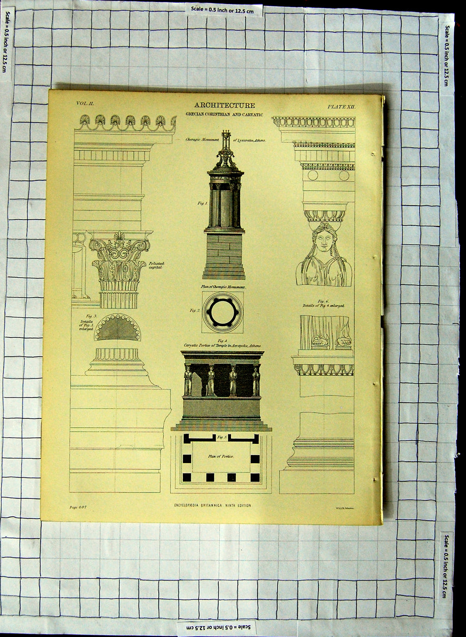 Old Antique Print Encyclopaedia Britannica Architecture Grecian Caryatic 19th