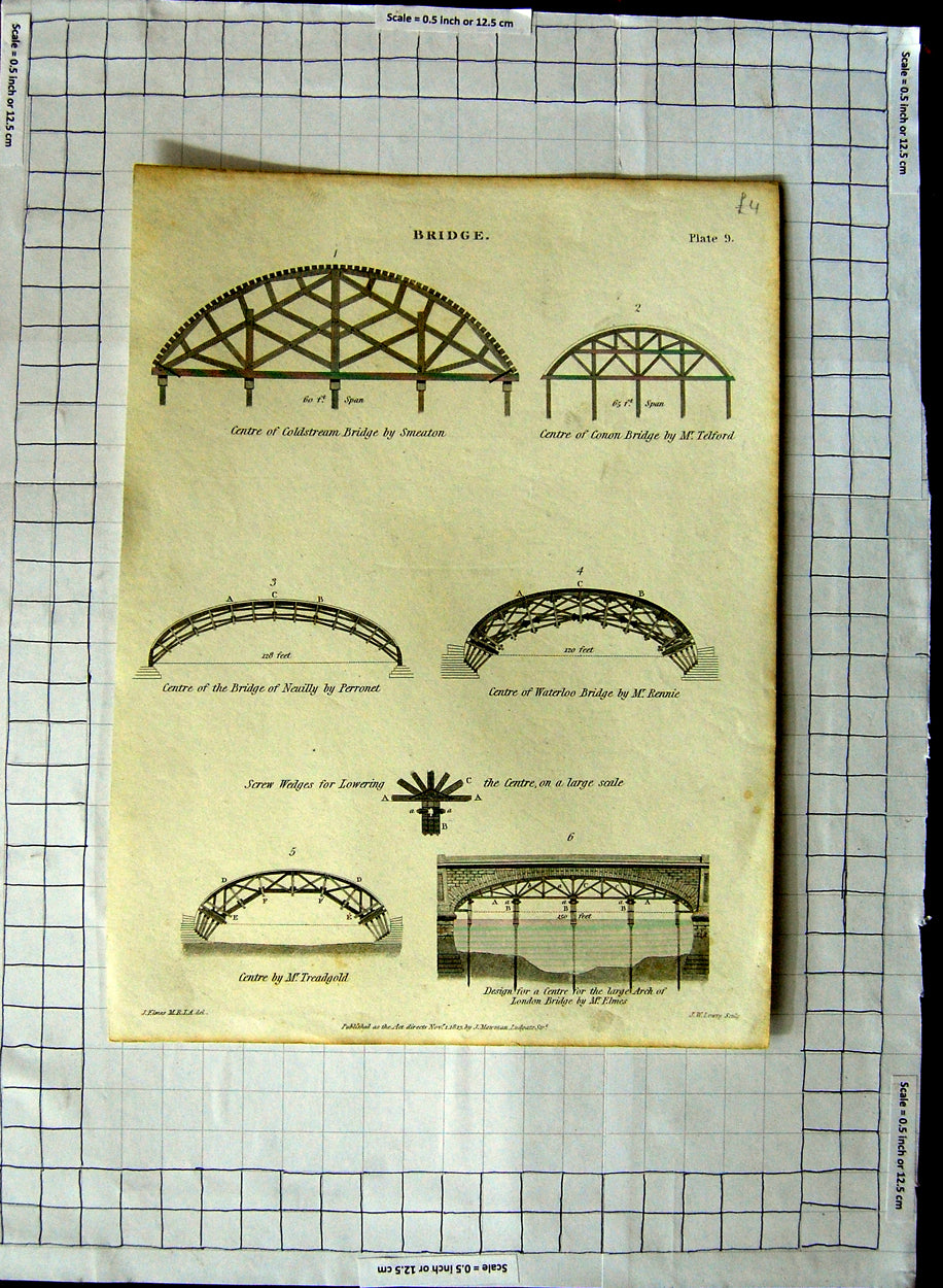 Original Old Antique Print 1825 Cstream Telford Bridge Engineering Elmes Lewry