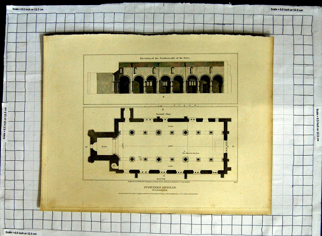 Old Antique Print 1807 St. Peter'S Church Northampton Plan Roffe Britton 19th