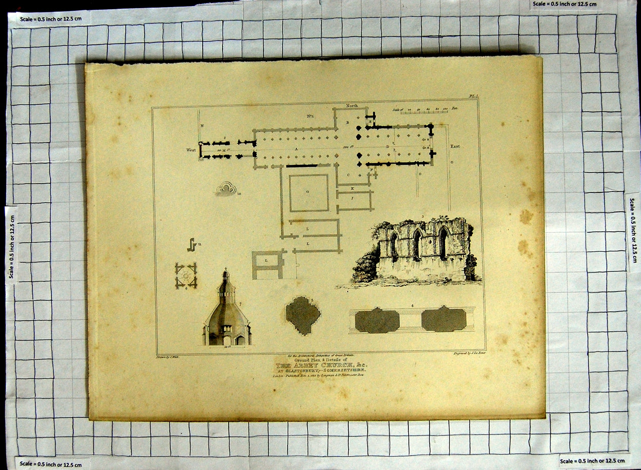 Original Old Antique Print 1813 Ground Plan Abey Church Glastonbury Wild Keux
