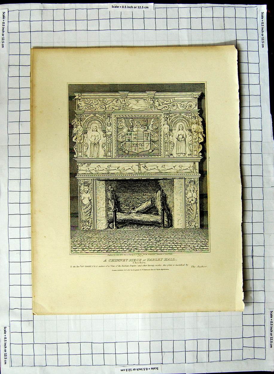 Old Antique Print 1808 Chimney Tabley Hall Cheshire Artist Roffe Vivares 19th