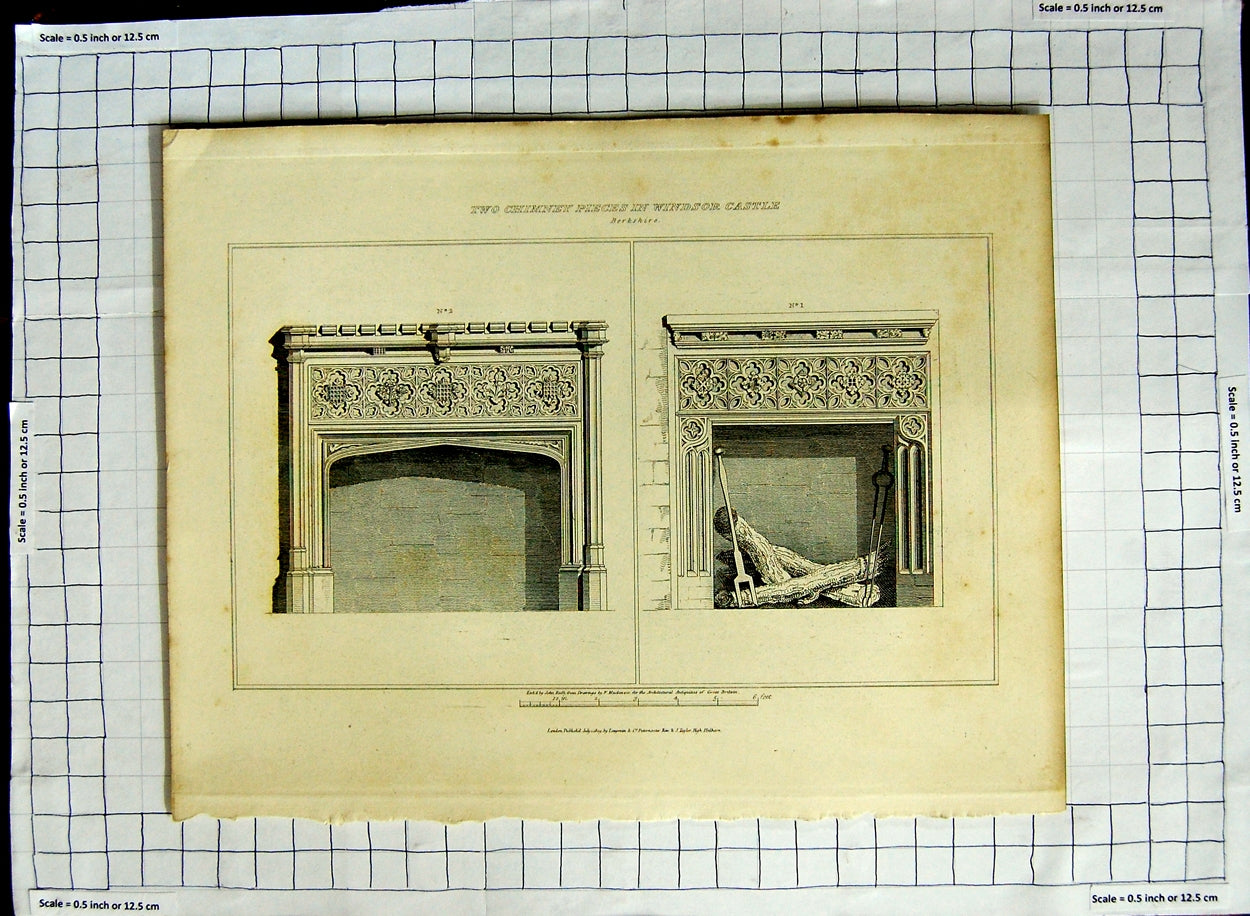 Old Antique Print 1809 Chimney Windsor Castle Berkshire Roffe Mackenzie 19th