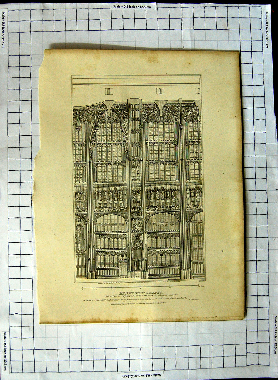 Original Old Antique Print 1808 Henry Vii Chapel Architecture Artist Roffe Bond