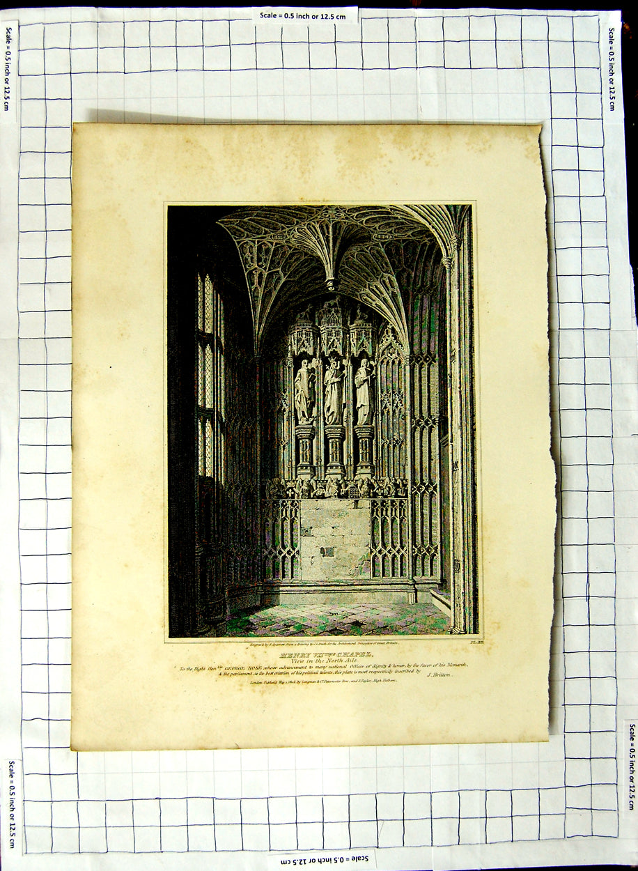 Original Old Antique Print 1808 Henry Vii Chapel Architecture Sparrow Smith