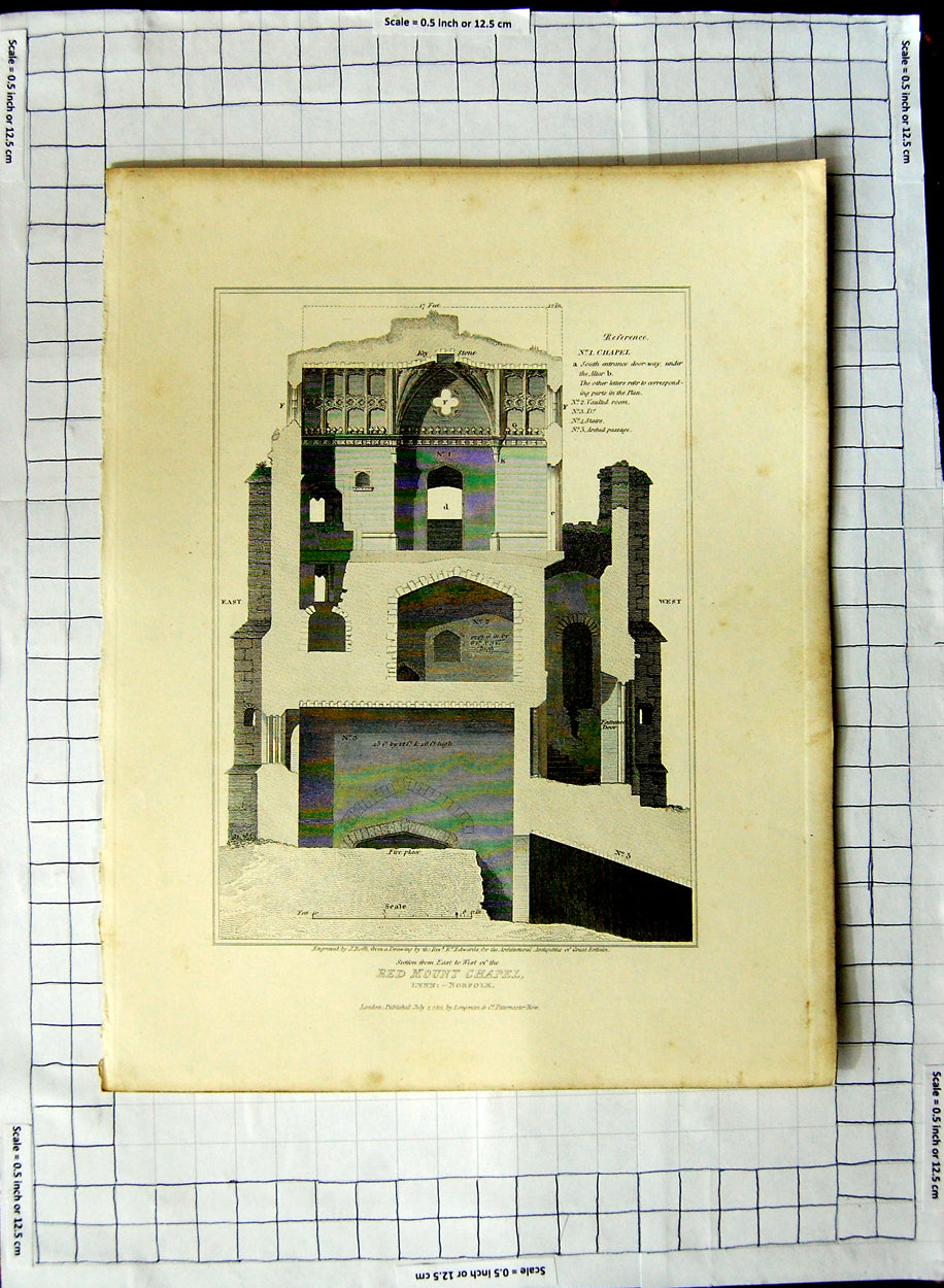 Original Old Antique Print 1811 Red Mount Chapel Lynn Norfolk Roffe Edwards