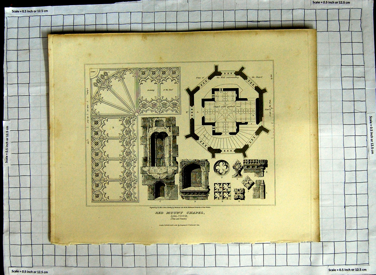 Original Old Antique Print 1811 Red Mount Chapel Lynn Norfolk Keux Mackenzie