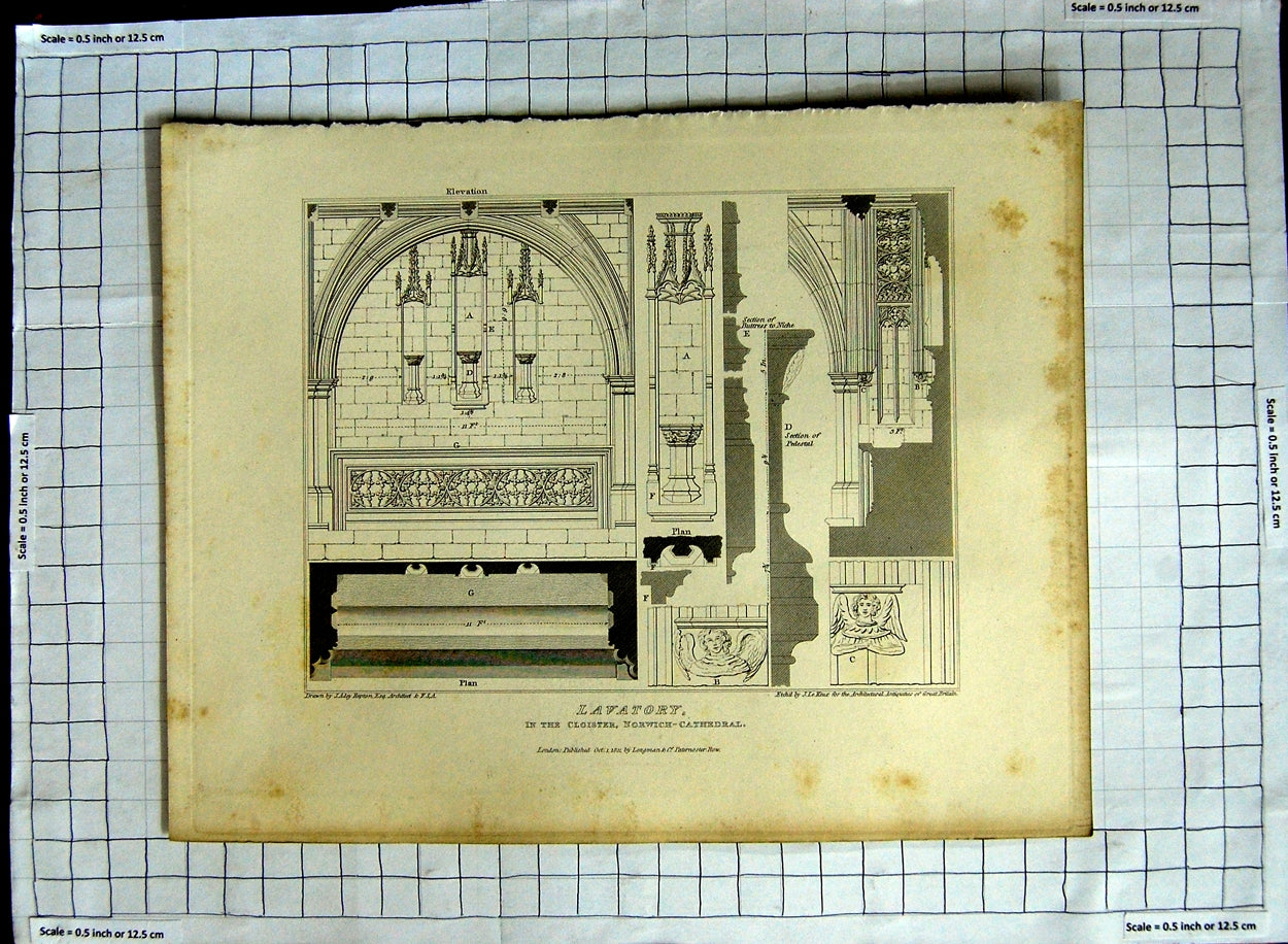 Original Old Antique Print 1811 Lavatory Cloister Norwich Cathedral Adey Keux