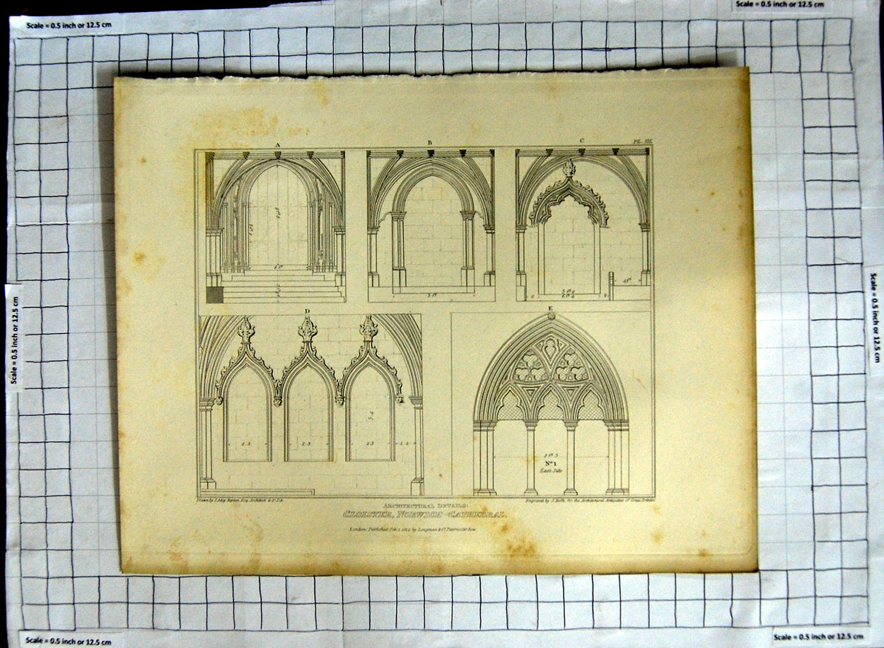 Original Old Antique Print 1812 Cloister Norwich Cathedral Artist Repton Roffe