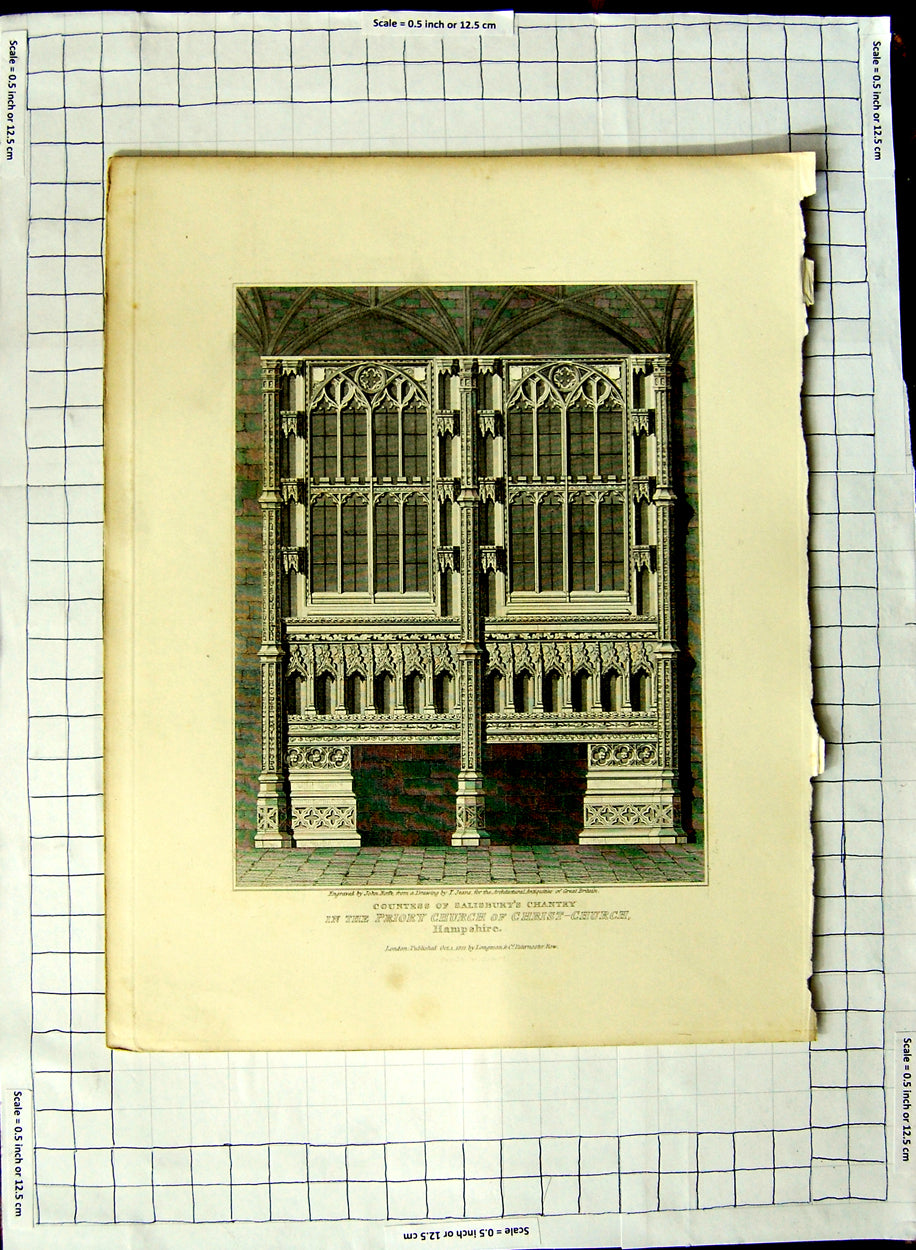 Old Antique Print 1811 Priory Church Christ-Church Hampshire Roffe Jeans 19th