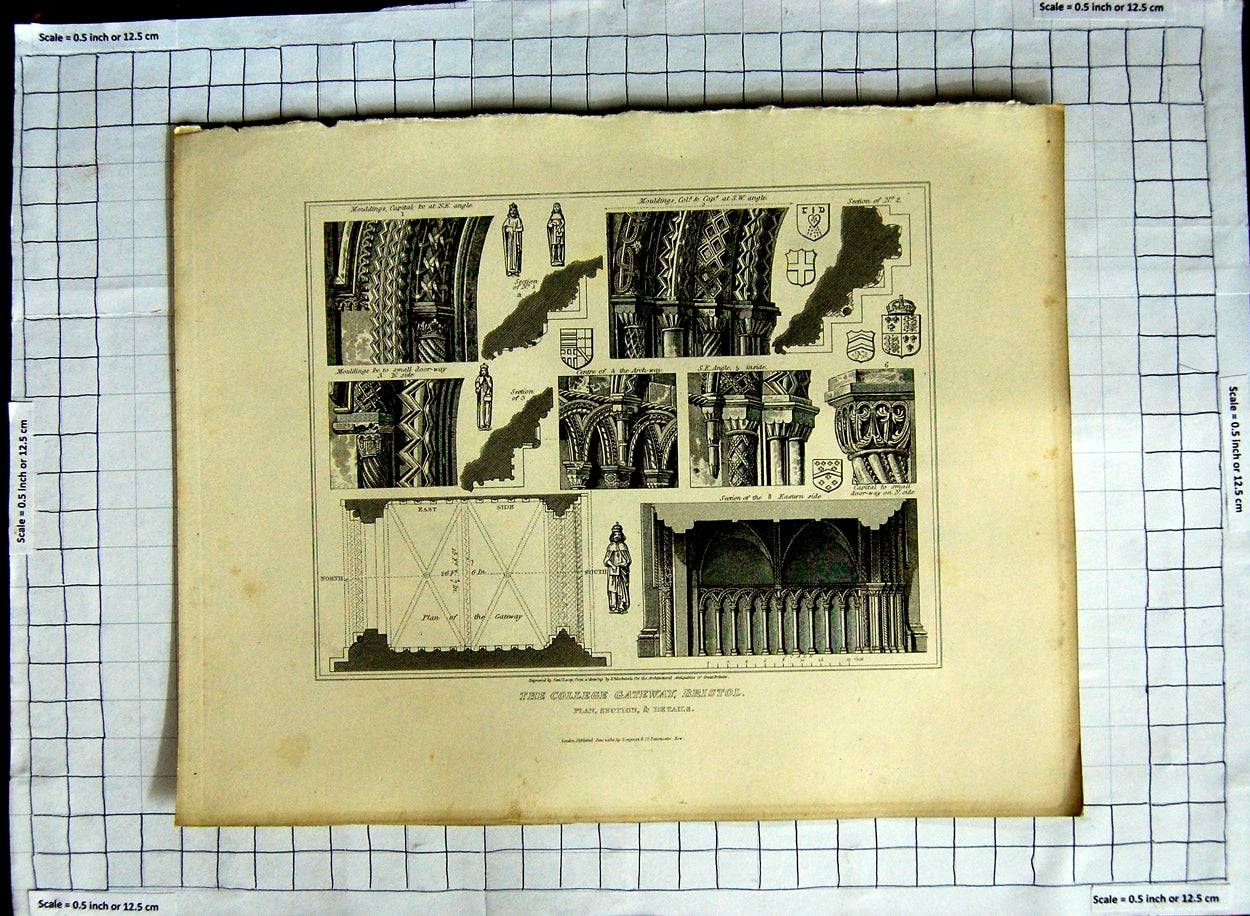 Original Old Antique Print 1811 College Gateway Bristol Mackenzie Architecture