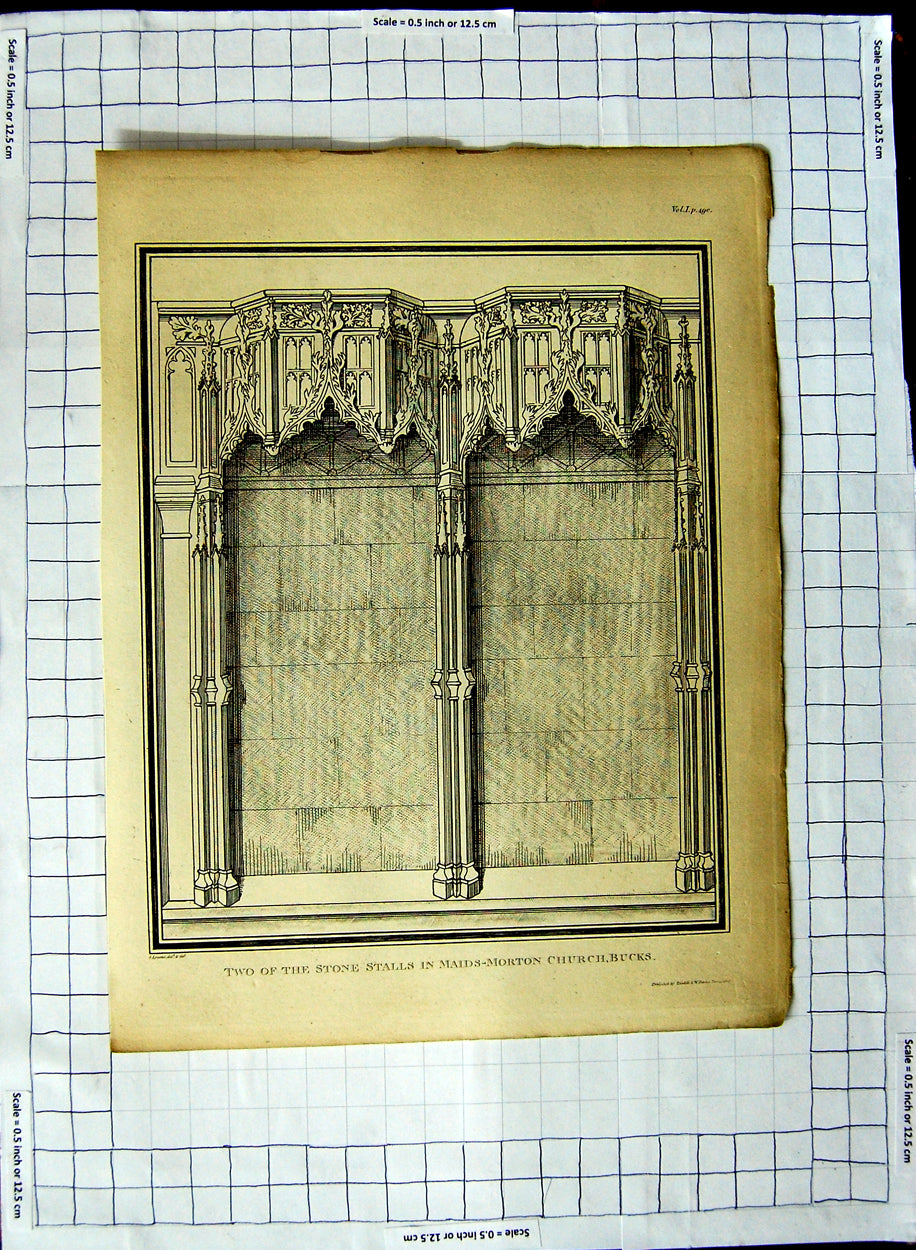 Original Old Antique Print Stone Stalls Maids-Morton Church Buckinghamshire