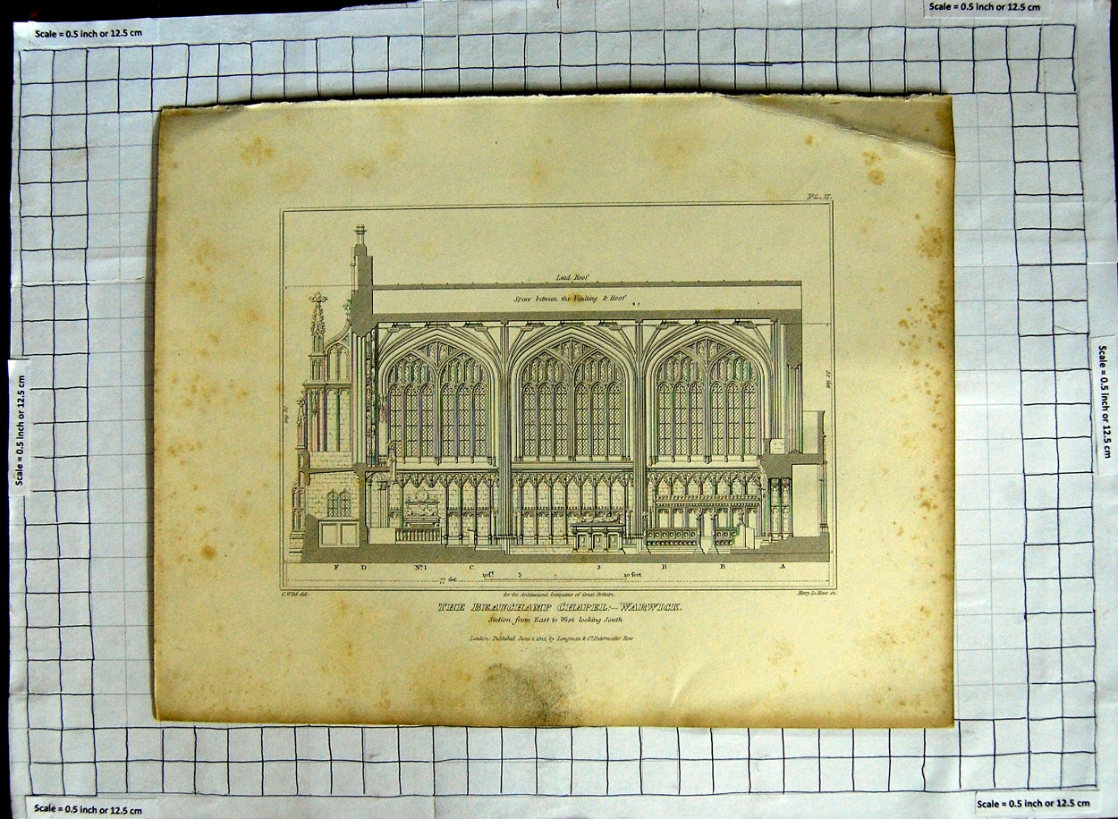 Original Old Antique Print 1812 Beauchamp Chapel Warwick Wild Keux Architecture