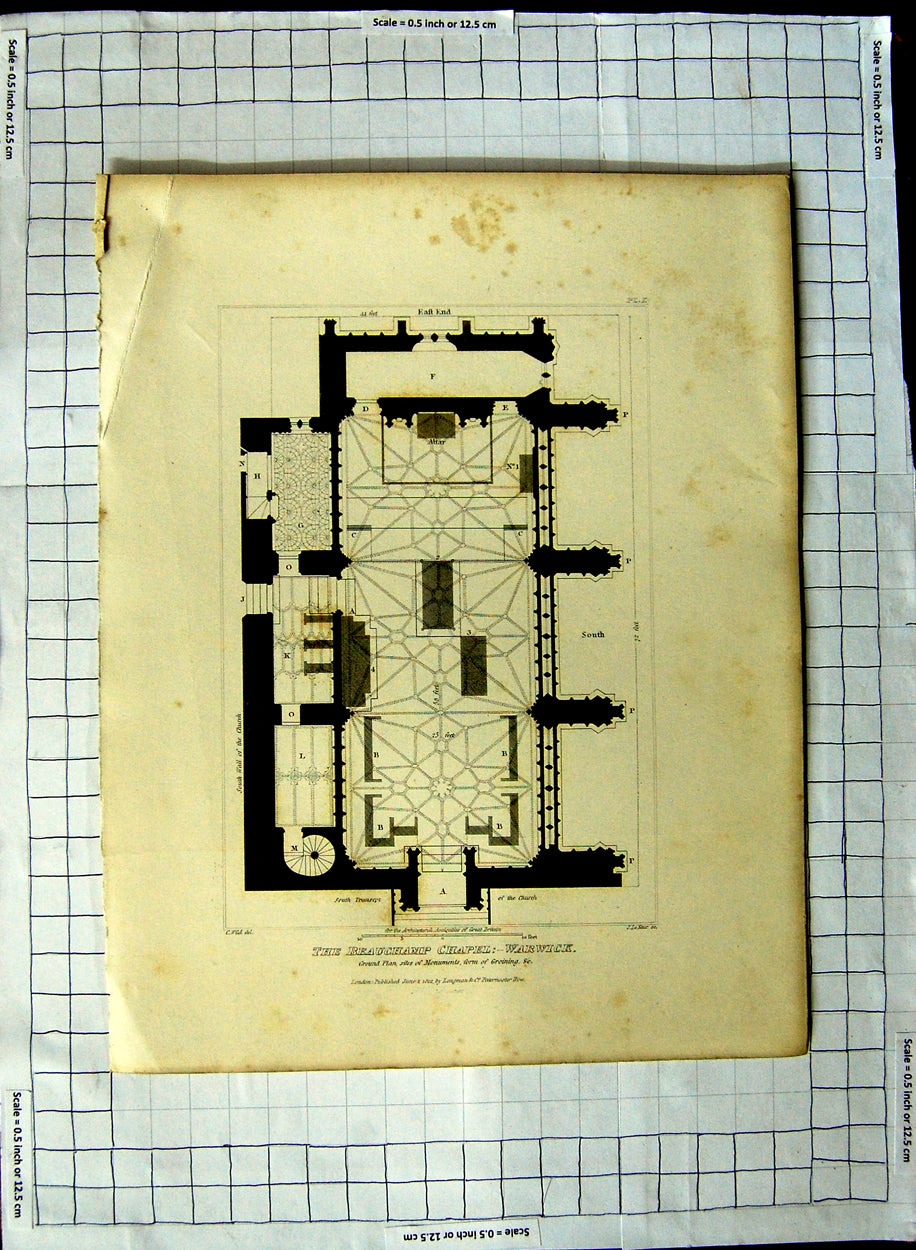 Old Antique Print 1812 Beauchamp Chapel Warwick Plan Groining Wild Keux 19th